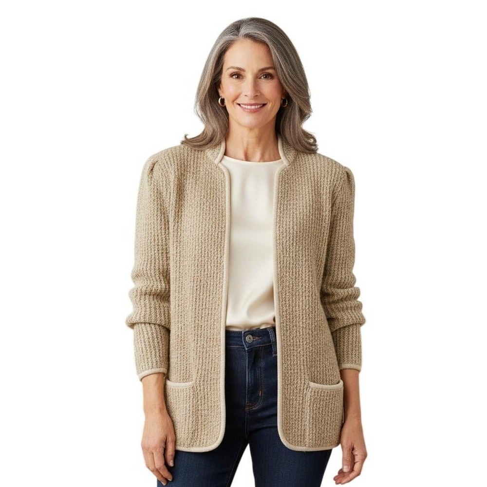 VTG‎ 1980s Adele Joyce Womens Grandmacore Coastal Boucle Knit Oatmeal Cardigan L